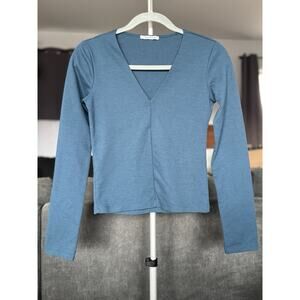 ZARA Trafaluc Blue V-Neck Long Sleeve Fitted Crop Top Y2K Minimalist - Size S